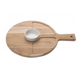 CONJ DE TABUA DE MAD TECA CIRCULAR COM ALCA E POTE DE PORCELANA P PETISCOS NATURAL 2 PC TRAMONTINA