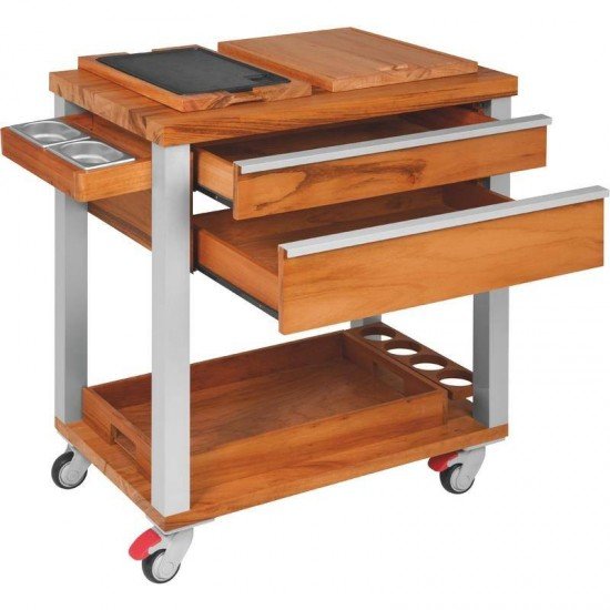 FSC CARRO DE CHURR. DE MADEIRA MUIRACATIARA COM LATERAL DE ALUMINIO E GRILL EM FERRO ENV TRAMONTINA