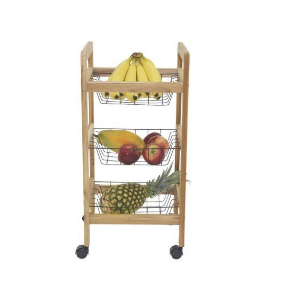 FSC FRUTEIRA COM BASE DE MADEIRA TECA COM 3 CESTOS ARAMADO RETANGULAR NATURAL TRAMONTINA