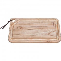 TABUA DE MADEIRA TECA RETN COM TIRA EM COURO P CORTAR E SERVIR CHURRASCO NATURAL 400X240 TRAMONTINA