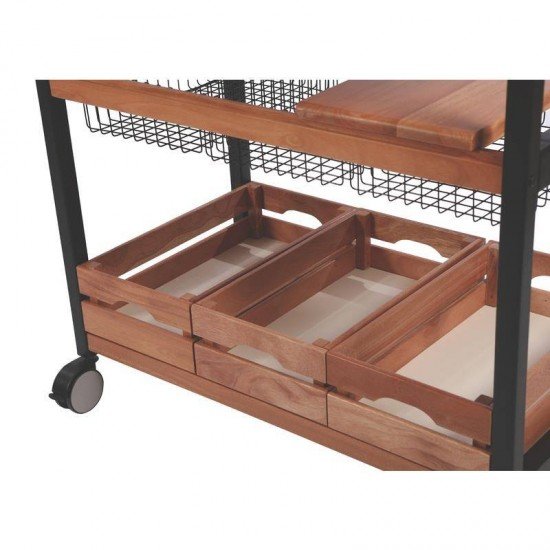 CARRO DE CHURRASCO DE MADEIRA MOGNO AFRICANO AN. COM 3 CESTO ARAMADO E 3 CAIXA ENV TRAMONTINA