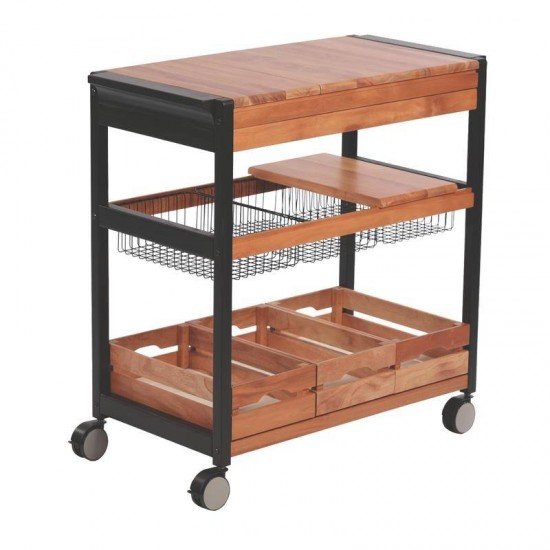 CARRO DE CHURRASCO DE MADEIRA MOGNO AFRICANO AN. COM 3 CESTO ARAMADO E 3 CAIXA ENV TRAMONTINA