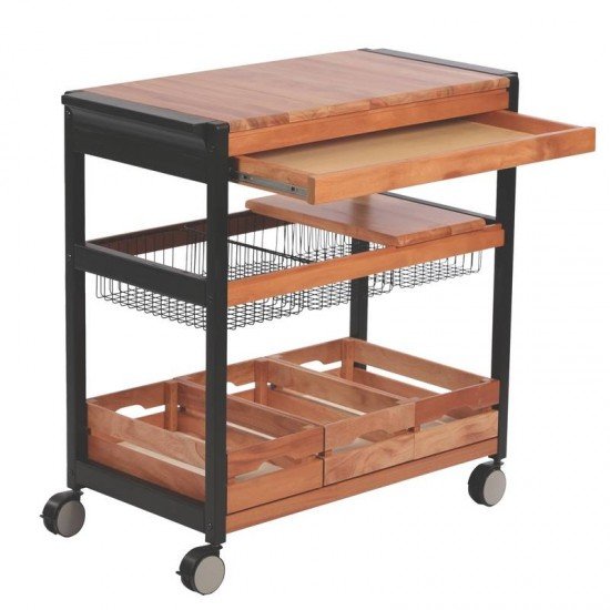 CARRO DE CHURRASCO DE MADEIRA MOGNO AFRICANO AN. COM 3 CESTO ARAMADO E 3 CAIXA ENV TRAMONTINA