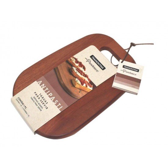 TABUA DE MADEIRA MOGNO AFRICANO RETN COM ALCA E TIRA EM COURO P ANTIPASTI ENV OLEO 300MM TRAMONTINA