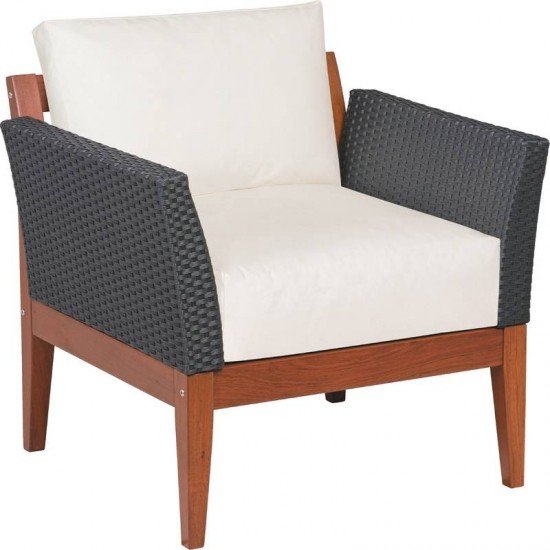 POLTRONA DE MADEIRA JATOBA COM ASS. E ENC. ESTOFADO E BRACO EM FIBRA PRETA TERRAZO ECO