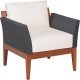 POLTRONA DE MADEIRA JATOBA COM ASS. E ENC. ESTOFADO E BRACO EM FIBRA PRETA TERRAZO ECO