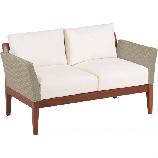 SOFA DE MADEIRA JATOBA COM ASS. E ENC. ESTOFADO E BRACO EM FIBRA BEGE TERRAZZO FIBRA NATURAL