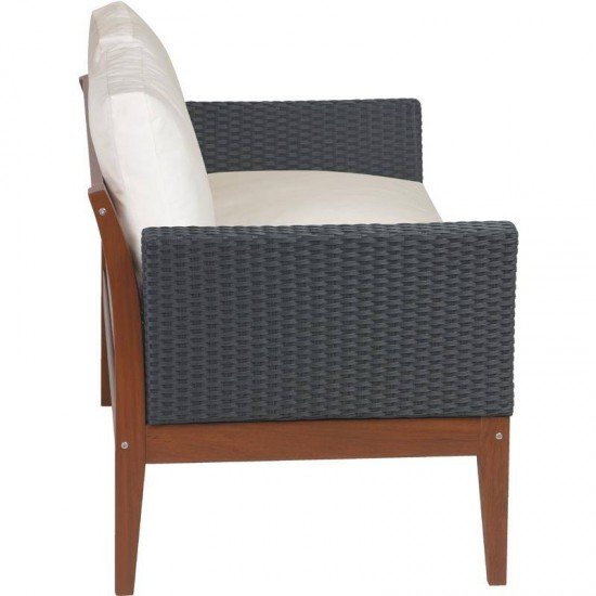 SOFA DE MADEIRA JATOBA COM ASS. E ENC. ESTOFADO E BRACO EM FIBRA PRETA TERRAZZO FIBRA NATURAL