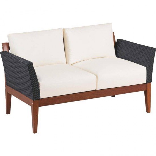 SOFA DE MADEIRA JATOBA COM ASS. E ENC. ESTOFADO E BRACO EM FIBRA PRETA TERRAZZO FIBRA ENV.