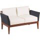 SOFA DE MADEIRA JATOBA COM ASS. E ENC. ESTOFADO E BRACO EM FIBRA PRETA TERRAZZO FIBRA ENV.
