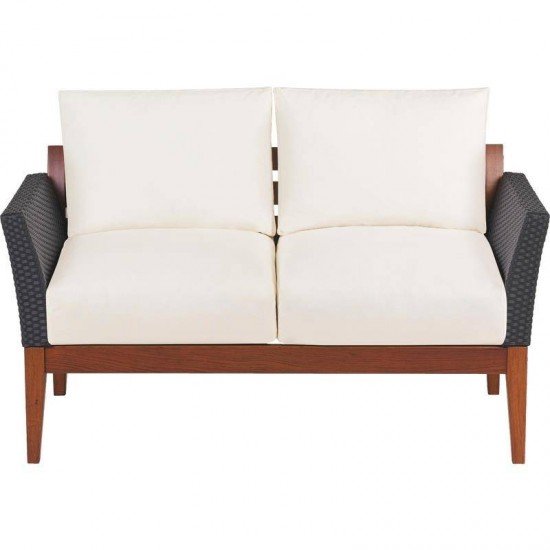 SOFA DE MADEIRA JATOBA COM ASS. E ENC. ESTOFADO E BRACO EM FIBRA PRETA TERRAZZO FIBRA ENV.