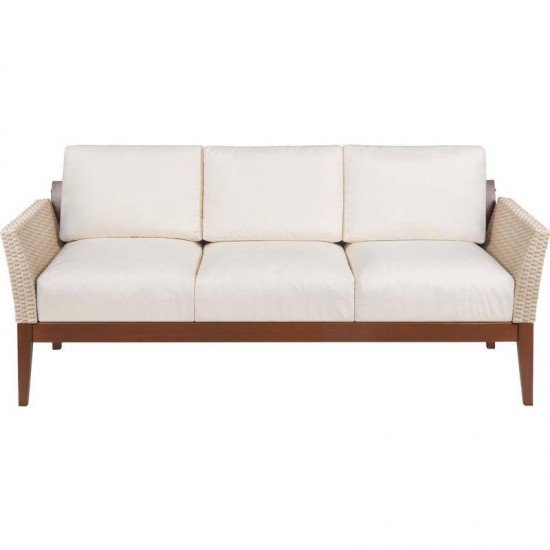 SOFA DE MADEIRA JATOBA COM ASS. E ENC. ESTOFADO E BRACO EM FIBRA BEGE TERRAZZO FIBRA ENV.