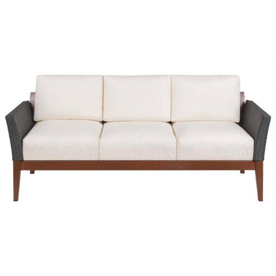 SOFA DE MADEIRA JATOBA COM ASS. E ENC. ESTOFADO E BRACO EM FIBRA PRETA TERRAZZO FIBRA NATURAL