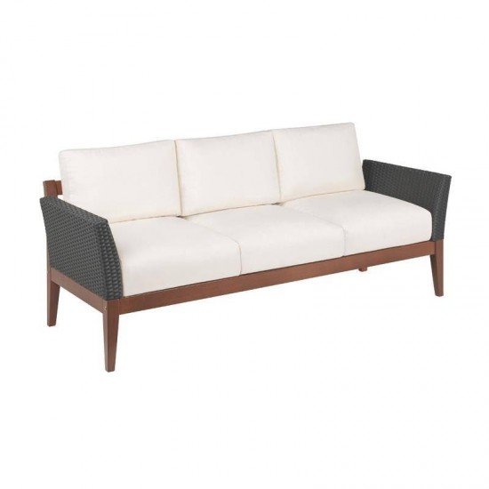 SOFA DE MADEIRA JATOBA COM ASS. E ENC. ESTOFADO E BRACO EM FIBRA PRETA TERRAZZO FIBRA ENV.