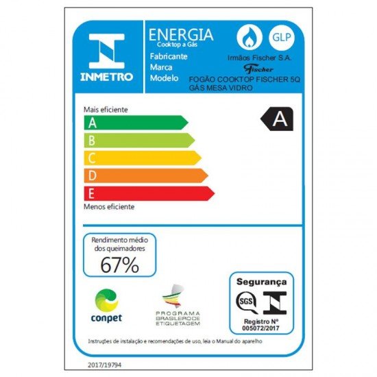 FOGAO COOKTOP FISCHER 5Q GAS MESA VIDRO - BRANCO