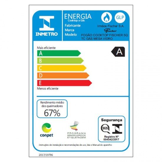 FOGAO COOKTOP FISCHER 5Q TRIPLA CHAMA GAS MESA VIDRO PRETO