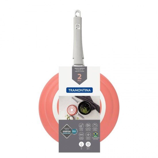 JOGO DE FRIGIDEIRAS TRAMONTINA EM ALUMÍNIO COM REVESTIMENTO INTERNO EM STARFLON PREMIUM E EXTERNO SILICONADO LARANJA 02 PEÇAS