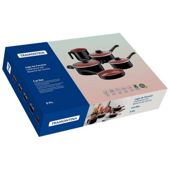 JOGO DE PANELAS TRAMONTINA CARIBE COM REVESTIMENTO INTERNO EM ANTIADERENTE STARFLON MAX E EXTERNO DE POLIÉSTER PRETO 05 PEÇAS