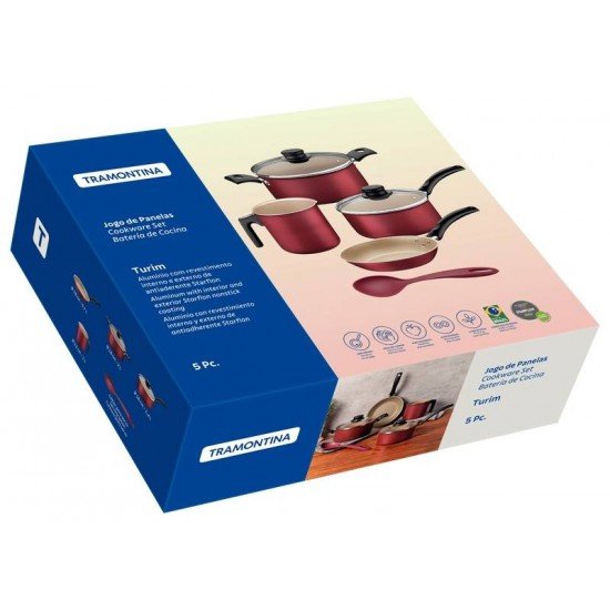 JOGO DE PANELAS TRAMONTINA TURIM EM ALUMÍNIO COM REVESTIMENTO INTERNO E EXTERNO EM ANTIADERENTE STARFLON MAX VERMELHO 05 PEÇAS