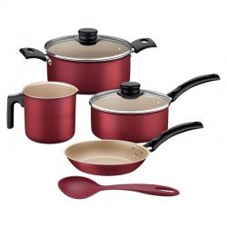 JOGO DE PANELAS TRAMONTINA TURIM EM ALUMÍNIO COM REVESTIMENTO INTERNO E EXTERNO EM ANTIADERENTE STARFLON MAX VERMELHO 05 PEÇAS