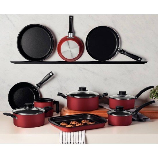 JOGO DE PANELAS TRAMONTINA TURIM EM ALUMÍNIO COM REVESTIMENTO INTERNO E EXTERNO EM ANTIADERENTE STARFLON MAX VERMELHO 10 PEÇAS