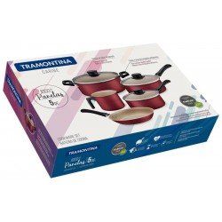 JOGO DE PANELAS TRAMONTINA CARIBE EM ALUMÍNIO COM REVESTIMENTO INTERNO E EXTERNO EM STARFLON MAX VERMELHO 05 PEÇAS