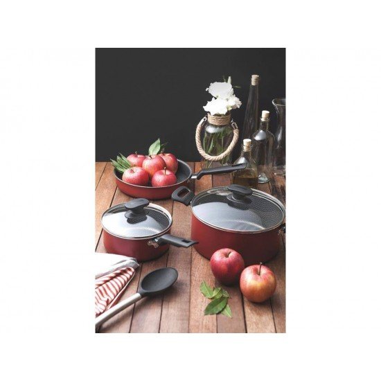 JOGO DE PANELAS 5 PEÇAS BERGAMO VERMELHO SORTIDOS DE ALUMINIO COM REV ANTIADERENTE TRAMONTINA