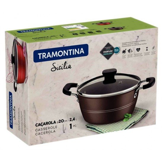 CAÇAROLA TRAMONTINA SICÍLIA EM ALUMÍNIO COM REVESTIMENTO INTERNO E EXTERNO EM ANTIADERENTE STARFLON EXCELLENT AVELÃ 20 CM 2,4 L