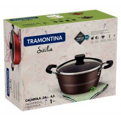 CAÇAROLA TRAMONTINA SICÍLIA EM ALUMÍNIO COM REVESTIMENTO INTERNO E EXTERNO EM ANTIADERENTE STARFLON EXCELLENT AVELÃ 24 CM 4,3 L