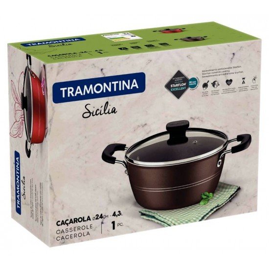 CAÇAROLA TRAMONTINA SICÍLIA EM ALUMÍNIO COM REVESTIMENTO INTERNO E EXTERNO EM ANTIADERENTE STARFLON EXCELLENT AVELÃ 24 CM 4,3 L