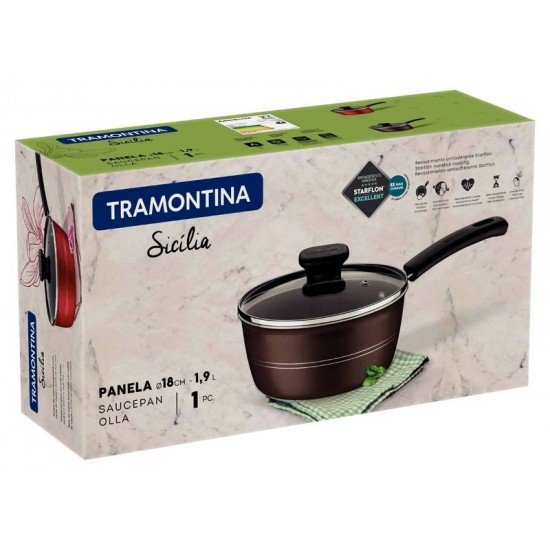PANELA TRAMONTINA SICÍLIA EM ALUMÍNIO COM REVESTIMENTO INTERNO E EXTERNO EM ANTIADERENTE STARFLON EXCELLENT AVELÃ 18 CM 1,9 L