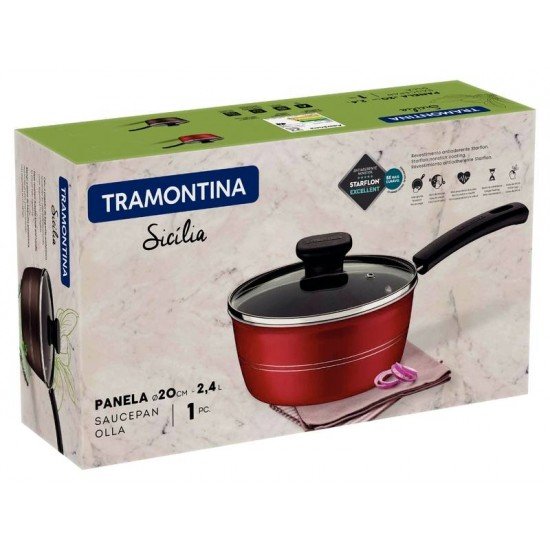 PANELA TRAMONTINA SICÍLIA EM ALUMÍNIO COM REVESTIMENTO INTERNO E EXTERNO EM ANTIADERENTE STARFLON EXCELLENT VERMELHO 20 CM 2,4 L