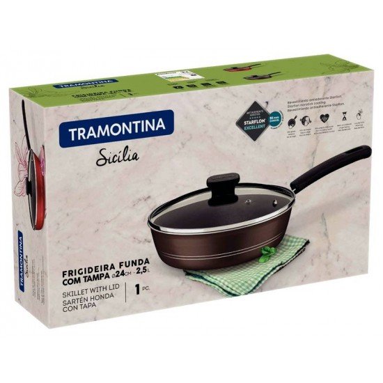 FRIGIDEIRA FUNDA TRAMONTINA COM TAMPA SICÍLIA EM ALUMÍNIO COM REVESTIMENTO INTERNO E EXTERNO EM ANTIADERENTE STARFLON EXCELLENT AVELÃ 24 CM 2,5 L