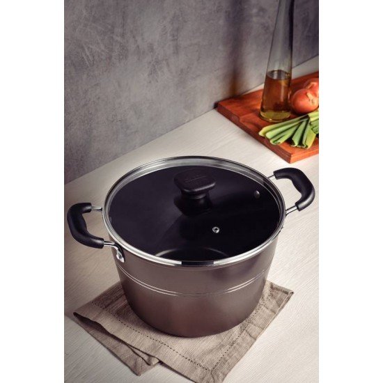 CALDEIRÃO TRAMONTINA SICÍLIA EM ALUMÍNIO COM REVESTIMENTO INTERNO E EXTERNO EM ANTIADERENTE STARFLON EXCELLENT AVELÃ COM TAMPA DE VIDRO 24 CM 5,7 L