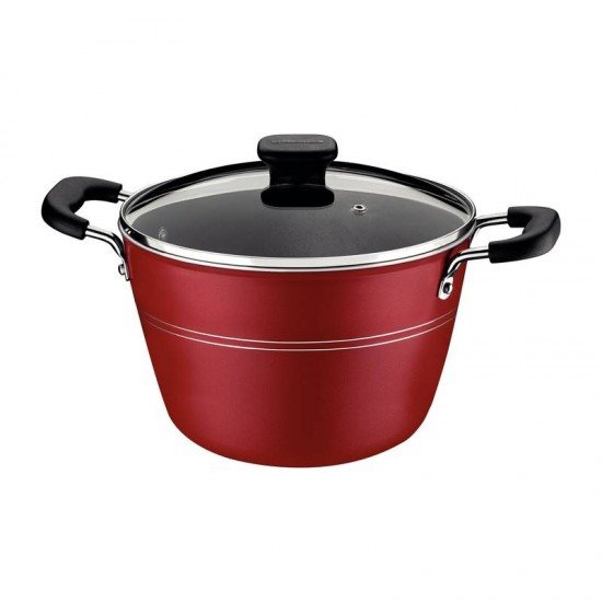 CALDEIRÃO TRAMONTINA SICÍLIA EM ALUMÍNIO COM REVESTIMENTO INTERNO E EXTERNO EM ANTIADERENTE STARFLON EXCELLENT VERMELHO COM TAMPA DE VIDRO 26 CM 7,6 L