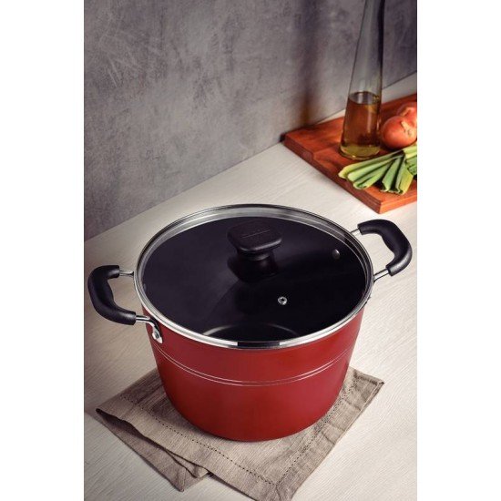 CALDEIRÃO TRAMONTINA SICÍLIA EM ALUMÍNIO COM REVESTIMENTO INTERNO E EXTERNO EM ANTIADERENTE STARFLON EXCELLENT VERMELHO COM TAMPA DE VIDRO 26 CM 7,6 L