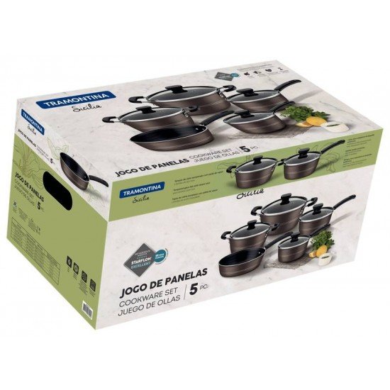JOGO DE PANELAS TRAMONTINA SICÍLIA EM ALUMÍNIO COM REVESTIMENTO INTERNO E EXTERNO ANTIADERENTE STARFLON EXCELLENT AVELÃ 5 PEÇAS