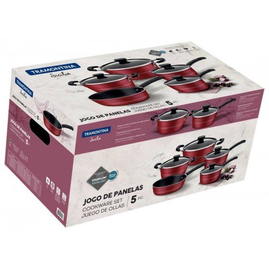 JOGO DE PANELAS TRAMONTINA SICÍLIA EM ALUMÍNIO COM REVESTIMENTO INTERNO E EXTERNO ANTIADERENTE STARFLON EXCELLENT VERMELHO 5 PEÇAS