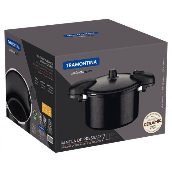 PANELA DE PRESSÃO TRAMONTINA VALÊNCIA BLACK EM ALUMÍNIO COM REVESTIMENTO CERÂMICO PRETO 24 CM 7 L