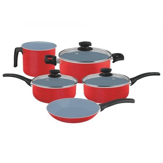 JOGO DE PANELAS 5 PEÇAS QUEBEC VERMELHO SORTIDOS DE ALUMINIO COM REV CERAMICO E SILICONE TRAMONTINA