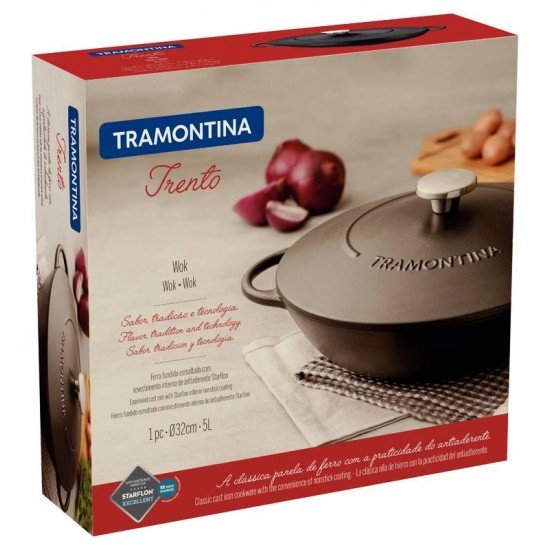 WOK TRAMONTINA TRENTO EM FERRO ESMALTADO COM REVESTIMENTO INTERNO EM ANTIADERENTE STARFLON EXCELLENT 32 CM 5 L