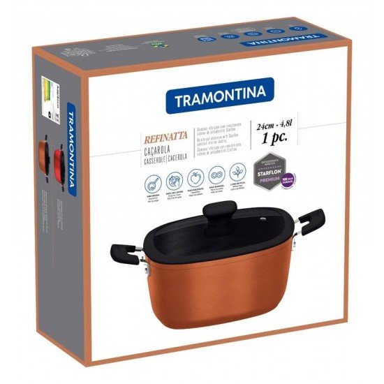 CAÇAROLA TRAMONTINA REFINATTA EM ALUMÍNIO COM REVESTIMENTO INTERNO E EXTERNO EM ANTIADERENTE STARFLON PREMIUM DOURADO COM TAMPA 24 CM 4,8 L