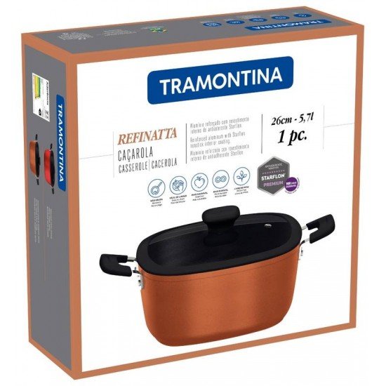 CAÇAROLA TRAMONTINA REFINATTA EM ALUMÍNIO COM REVESTIMENTO INTERNO E EXTERNO EM ANTIADERENTE STARFLON PREMIUM DOURADO COM TAMPA 26 CM 5,7 L