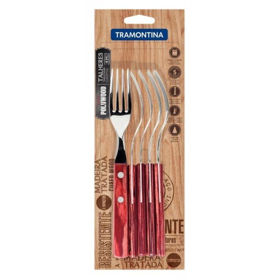 CONJUNTO DE GARFOS DE MESA TRAMONTINA COM LÂMINAS EM AÇO INOX E CABOS EM MADEIRA POLYWOOD VERMELHO 6 PEÇAS