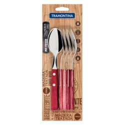 CONJUNTO DE COLHERES DE MESA TRAMONTINA COM LÂMINAS EM AÇO INOX E CABOS EM MADEIRA POLYWOOD VERMELHO 6 PEÇAS