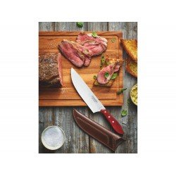 FACA PARA CARNE 8 POLYWOOD VERMELHO LAMINA DE ACO INOX CABO DE MADEIRA E BAINHA DE COURO TRAMONTINA