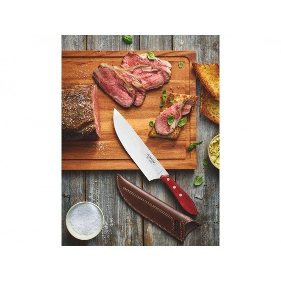 FACA PARA CARNE 8 POLYWOOD VERMELHO LAMINA DE ACO INOX CABO DE MADEIRA E BAINHA DE COURO TRAMONTINA