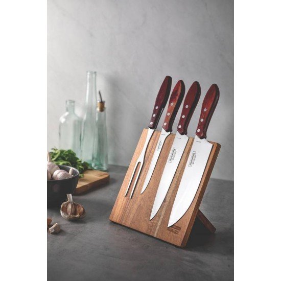 JOGO PARA CHURRASCO COM LAMINAS EM AÇO INOX E CABOS EM MADEIRA POLYWOOD VERMELHO 5 PEÇAS TRAMONTINA