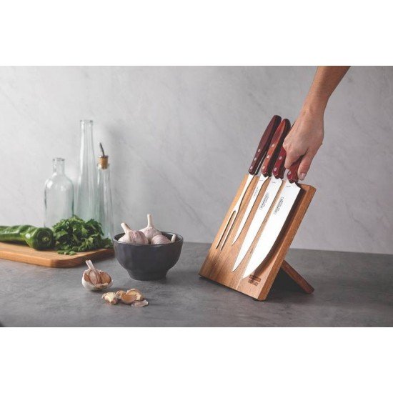 JOGO PARA CHURRASCO COM LAMINAS EM AÇO INOX E CABOS EM MADEIRA POLYWOOD VERMELHO 5 PEÇAS TRAMONTINA