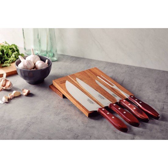 JOGO PARA CHURRASCO COM LAMINAS EM AÇO INOX E CABOS EM MADEIRA POLYWOOD VERMELHO 5 PEÇAS TRAMONTINA